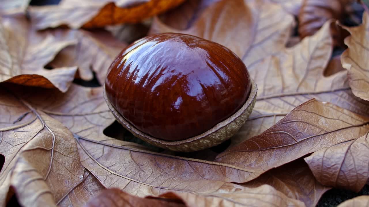 Close-up video angle of a glossy chestnut resting on dry autumn leaves, capturing the essence