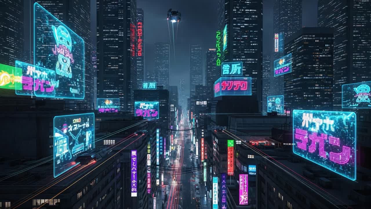 Futuristic Cityscape: Neon Lights and Towering Skyscrapers in a Cyberpunk Setting, Captivating Urban Aesthetics and Dynamic Atmosphere