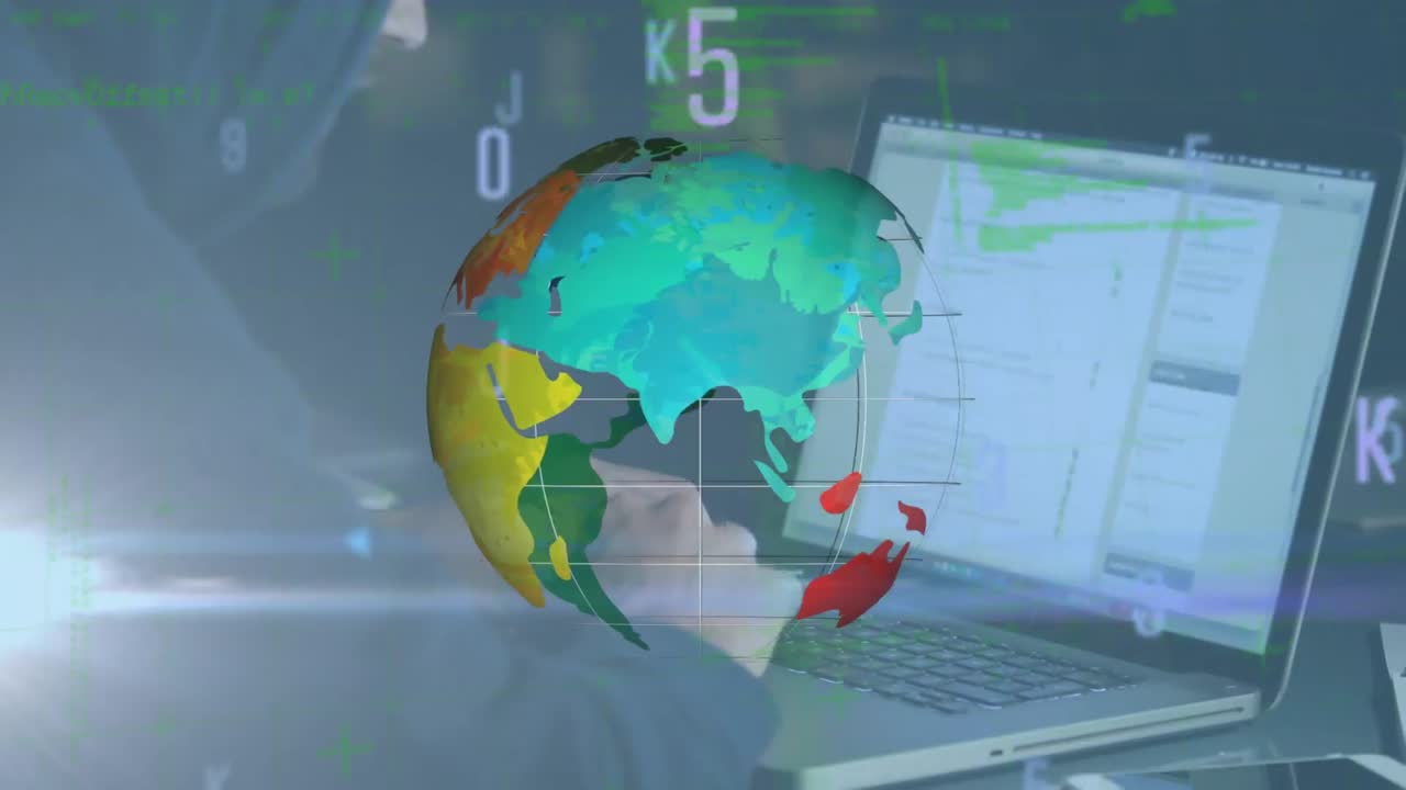 animación del globo, números y procesamiento de datos sobre hacker
