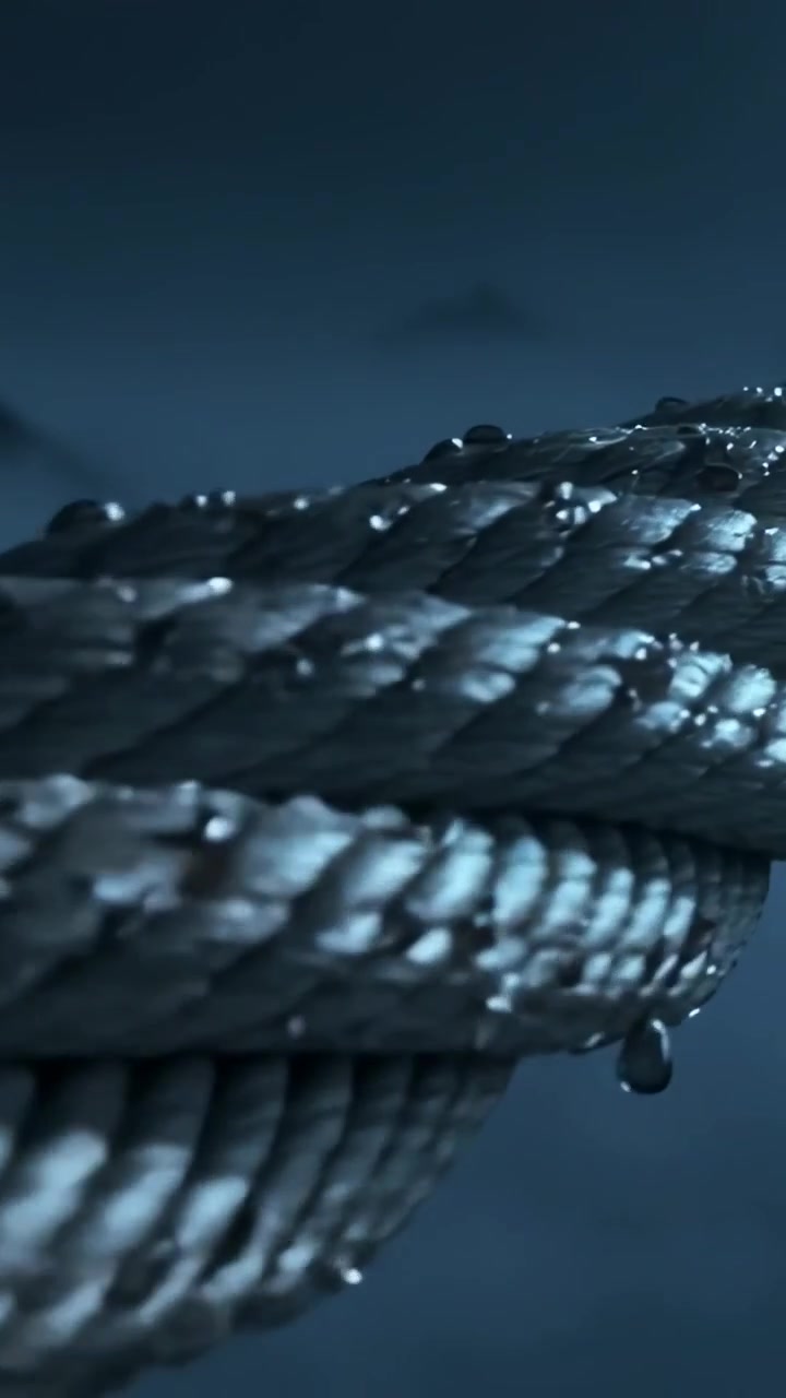 Vertical video: Camera filming braided rope as droplet growing, detaching at dock, showing texture