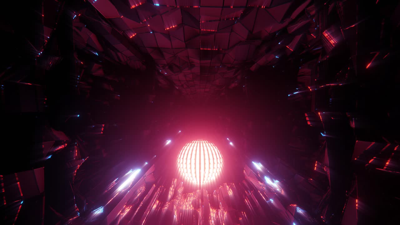 Sfera rosa luminosa che ruota in avanti in un'architettura di superficie riflettente in vetro rotto illuminata di blu, animazione grafica 3D renderizzata