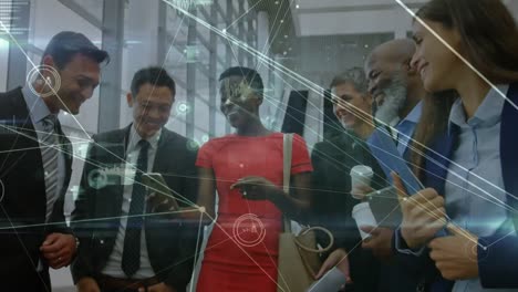 animation of network of connections over diverse businesspeople laughing looking at smartphone