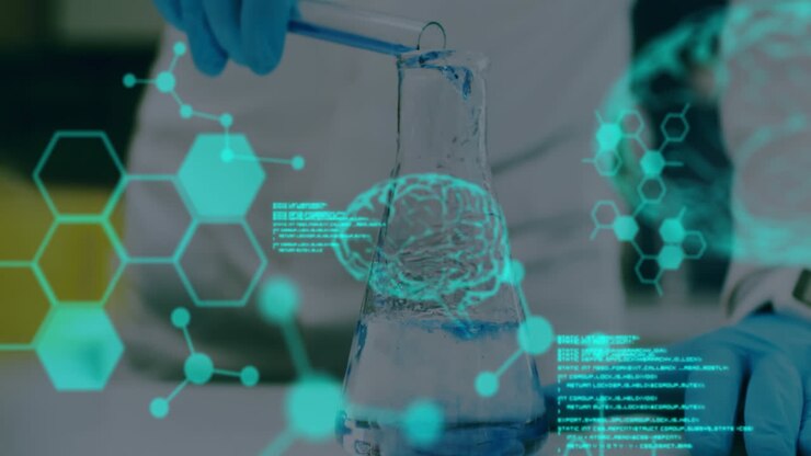 Animation of medical data processing against mid section of scientist pouring chemical into a beaker