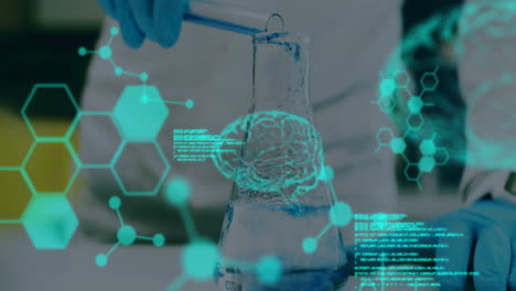 animación de procesamiento de datos médicos contra la sección media del científico vertiendo productos químicos en un vaso