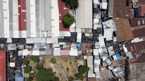 bird's eye view: patchwork of tarps shade a guatemala street market