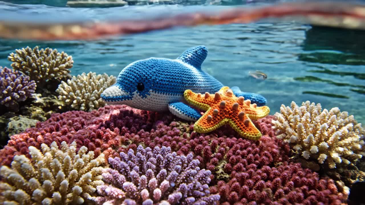 Crocheted Dolphin and Starfish on Coral Reef