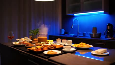 cena elegante extendida en una cocina moderna