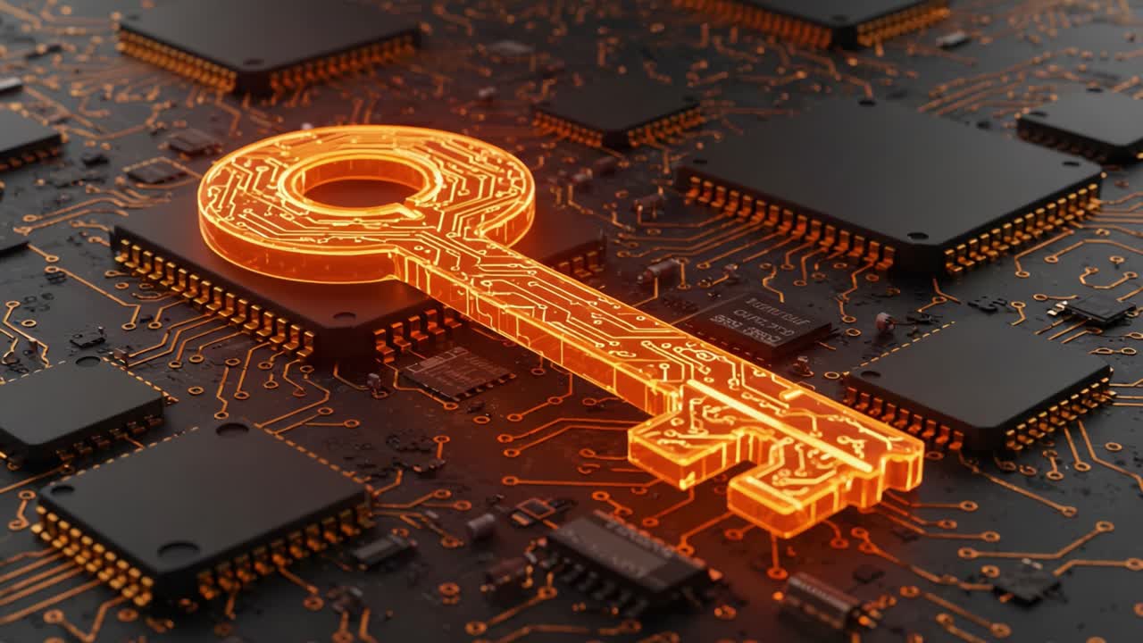 A Glowing Orange Key Symbolizing Digital Security Set Against a Dark Circuit Board Background with Microchips, Representing the Intersection of Technology and Protection