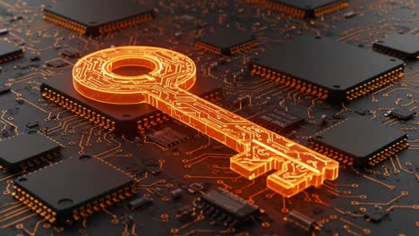 a glowing orange key symbolizing digital security set against a dark circuit board background with microchips, representing the intersection of technology and protection