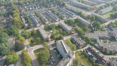Aerial-of-suburban-neighborhood-with-apartment-buildings-and-houses