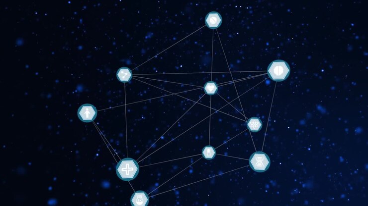 Network of connections spinning against glowing spots floating against blue background