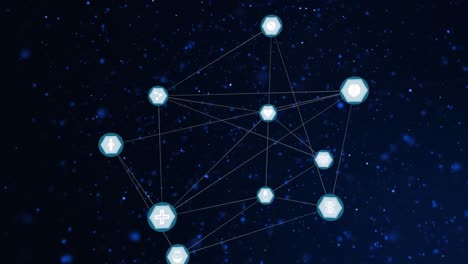 Netzwerk-Von-Verbindungen,-Die-Sich-Vor-Leuchtenden-Punkten-Drehen,-Die-Vor-Blauem-Hintergrund-Schweben
