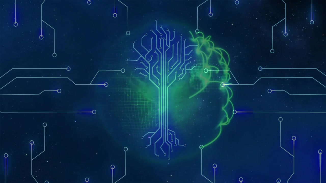 Digital Circuitry Tree Forming Inside a Glowing Green Sphere