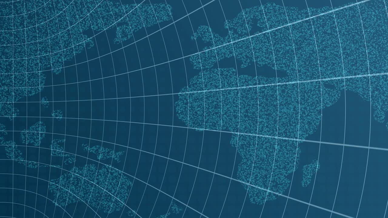 Animated world map with grid lines and digital texture. Smooth transitions create a modern, technological atmosphere