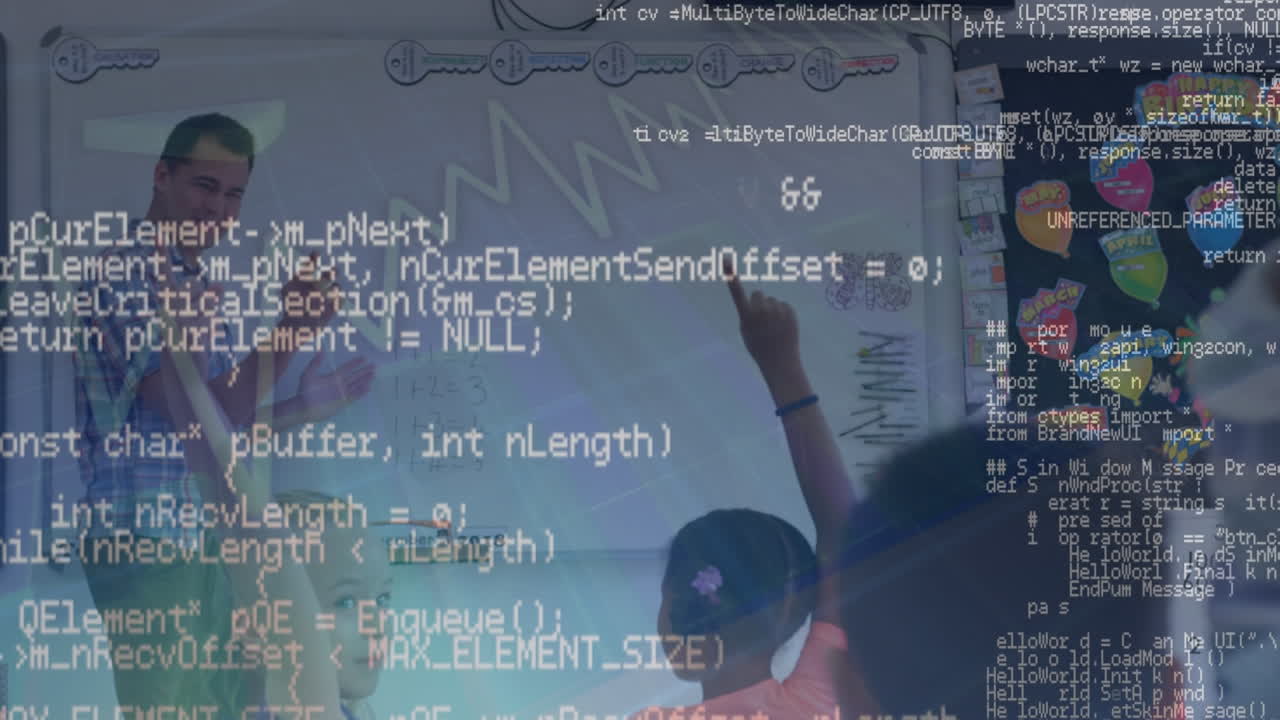 animación del procesamiento de datos sobre diversos escolares que aprenden con el maestro
