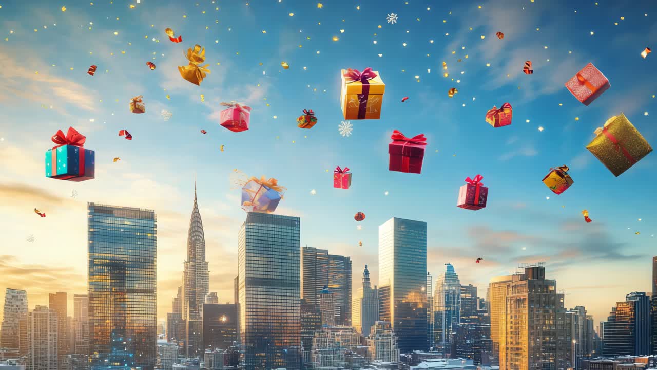 Christmas Gifts Falling Over NYC Skyline