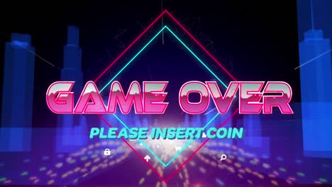 Animation-of-game-over-text-in-metallic-pink-letters-over-cityscape-and-grid