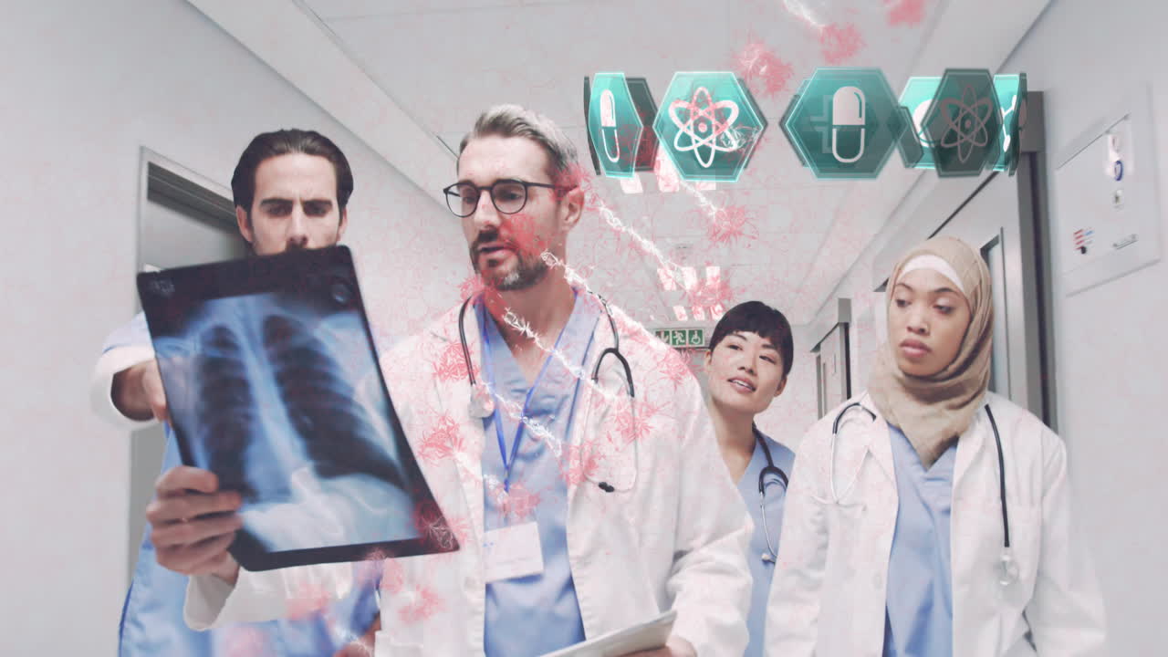 iconos médicos y estructura de adn moviéndose contra un grupo de médicos que trabajan en el hospital