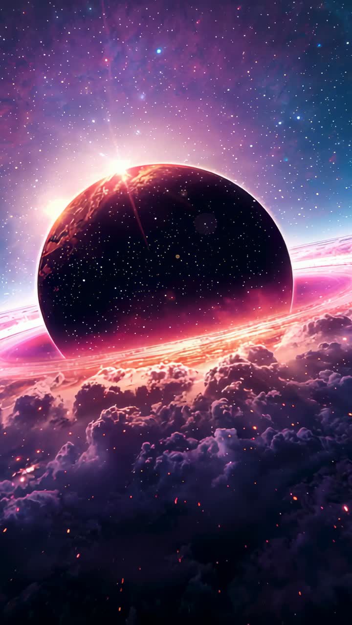 Vertical video: Flaring star lighting ringed planet above pink clouds, raising ring glow and embers