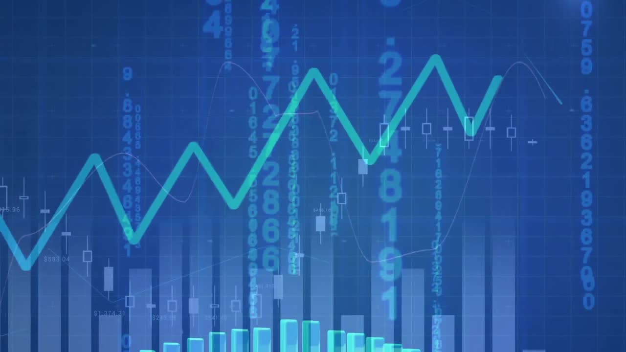 Animation of graphs and data processing on blue background