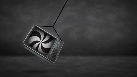 Animation-of-spiral-of-black-and-white-lines-in-hanging-tv