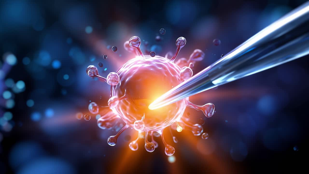 Udforskning af mikroverdenen: Et nærbillede af en viral partikelinteraktion med en præcisionsnål i et højteknologisk laboratoriemiljø.