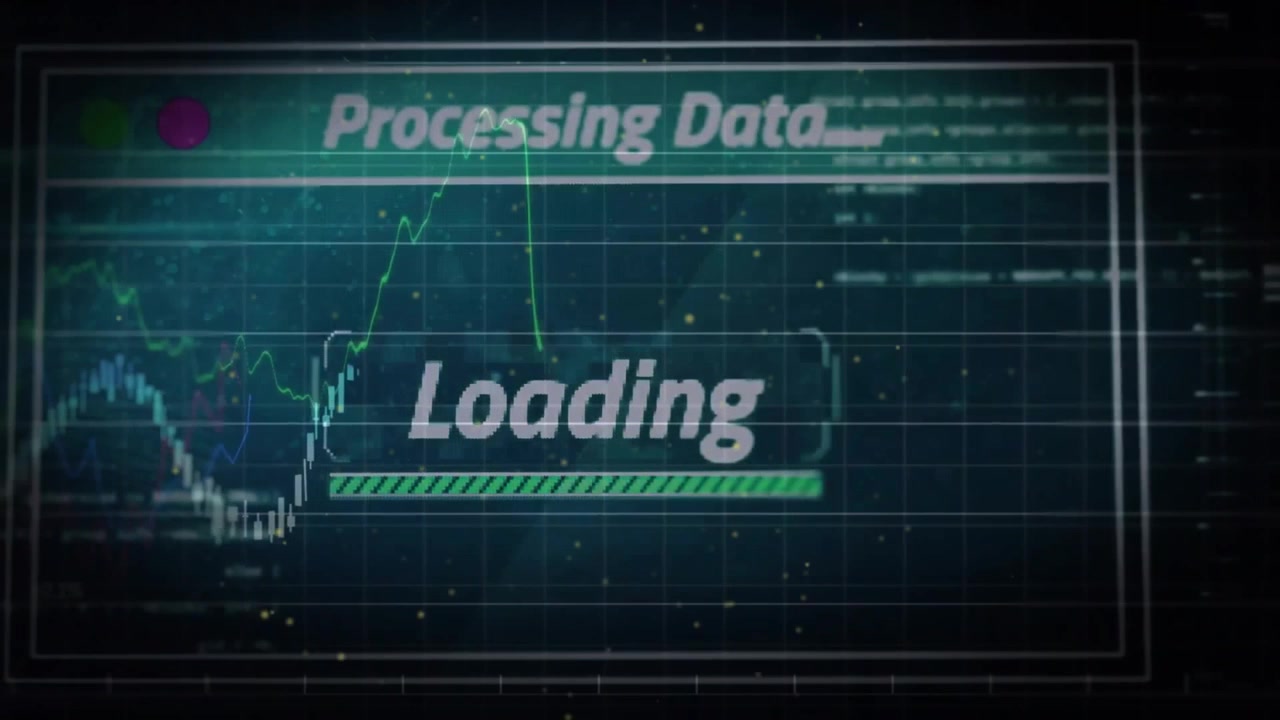 Animation of text and data processing over dark background