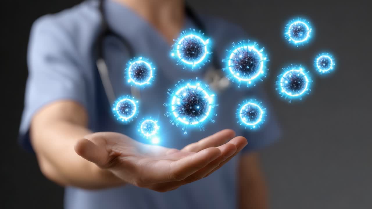 A healthcare professional demonstrates the impact of advanced technology in medicine by displaying digital representations of viruses emerging from their hand