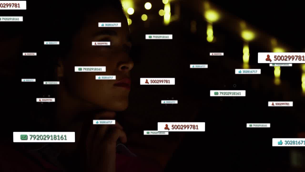 Woman tapping device on balcony, arranging floating tags over lights while reviewing tech insights