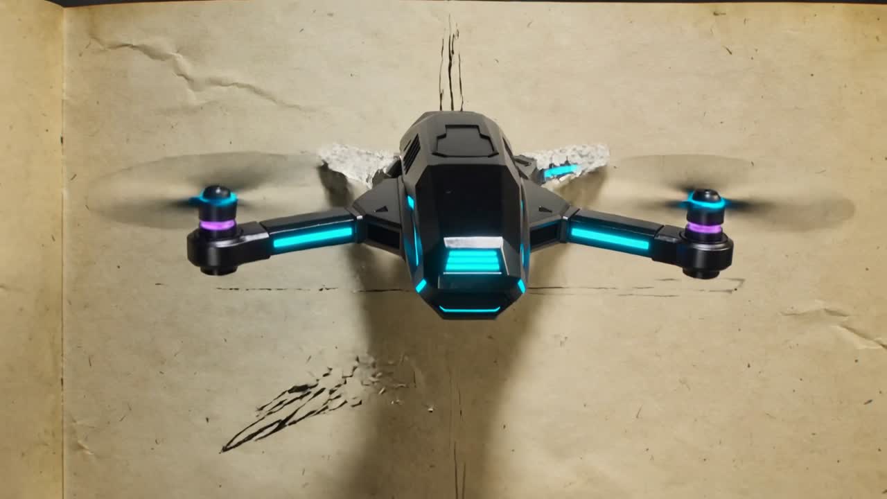 En nedstigande futuristisk quadcopter positionerar sig över en åldrad beige pappersbakgrund och skannar en fågelteckning i bläck.