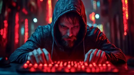 hacker typing on a glowing keyboard