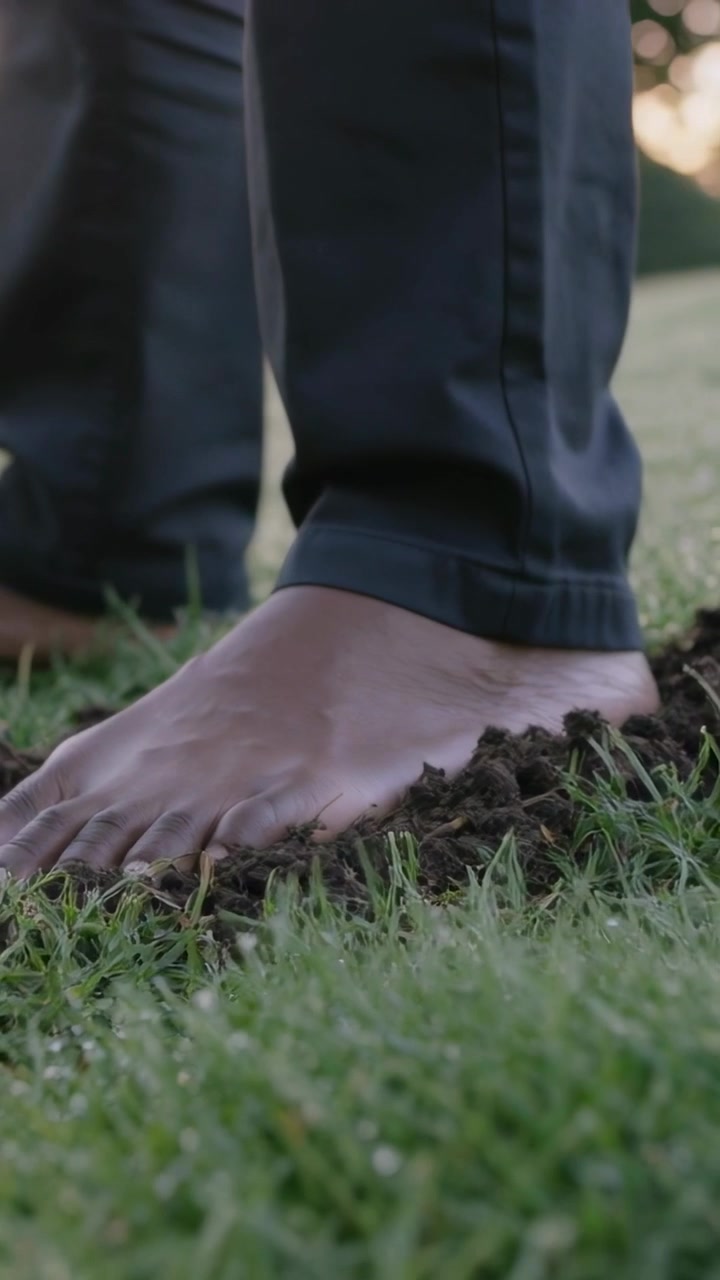 Vertical video: Feeling loose soil, man with bare feet pressing toes into park grass, dark trousers