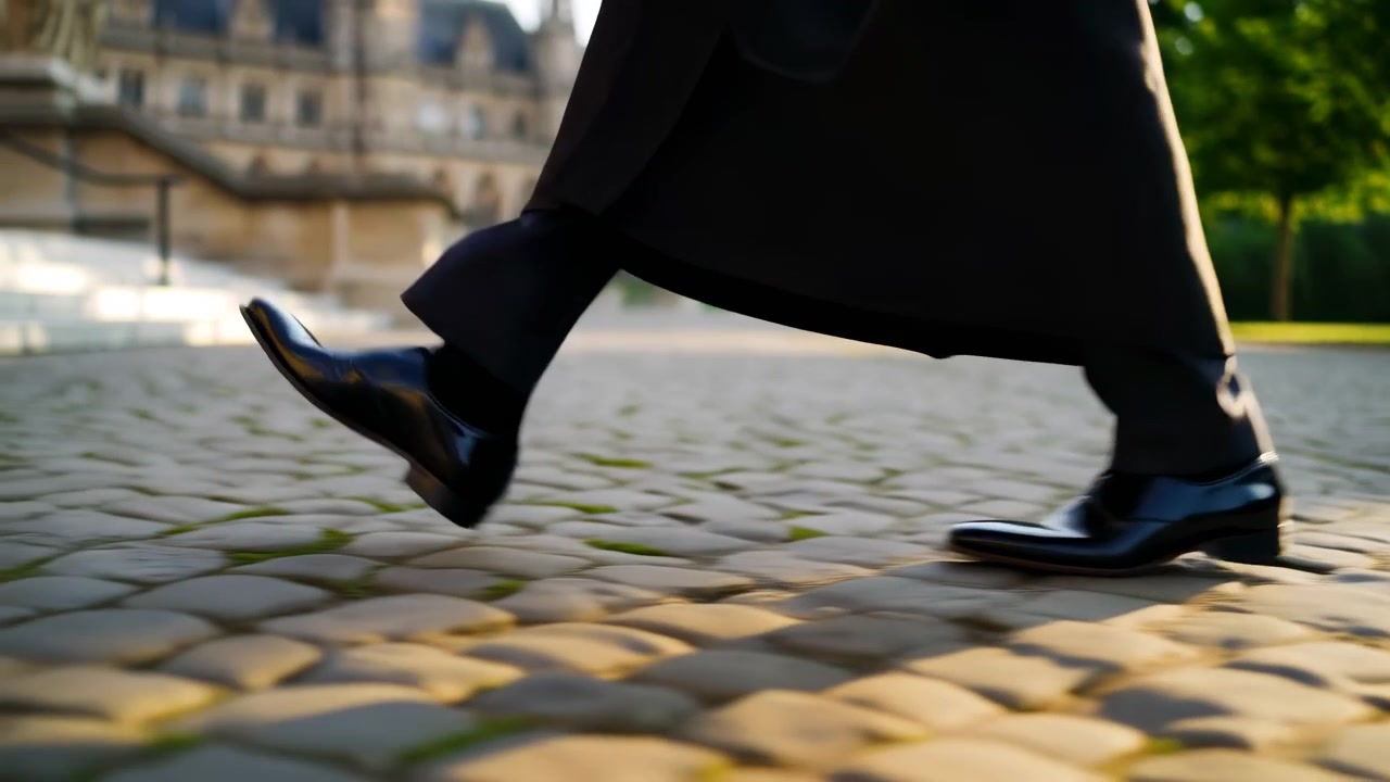 Vista a livello del suolo che mostra scarpe eleganti in pelle nera lucida e la parte inferiore delle gambe che camminano su ciottoli arrotondati illuminati dal sole, accanto a un edificio storico in pietra con morbidi archi sfocati e riflessi caldi