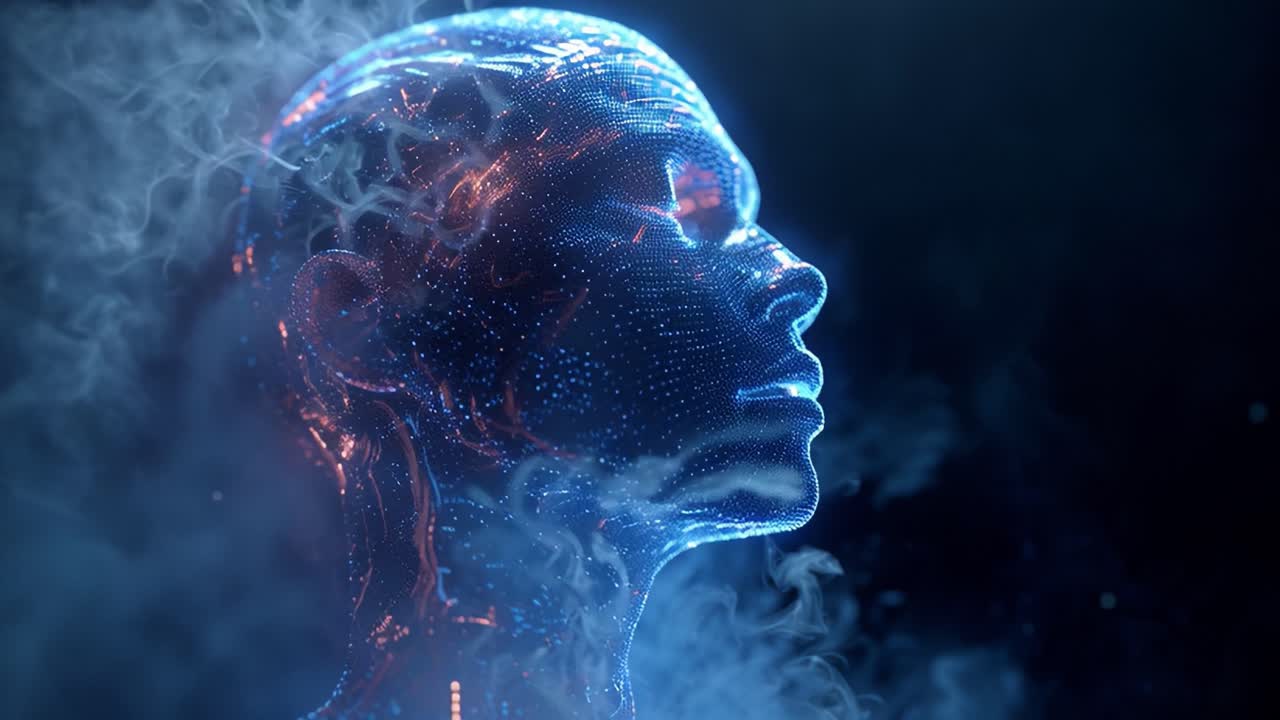 A Futuristic Representation of a Digital Being Surrounded by Ethereal Smoke, Showcasing an Abstract Human Form Rendered with Glowing Particles Against a Dark Background