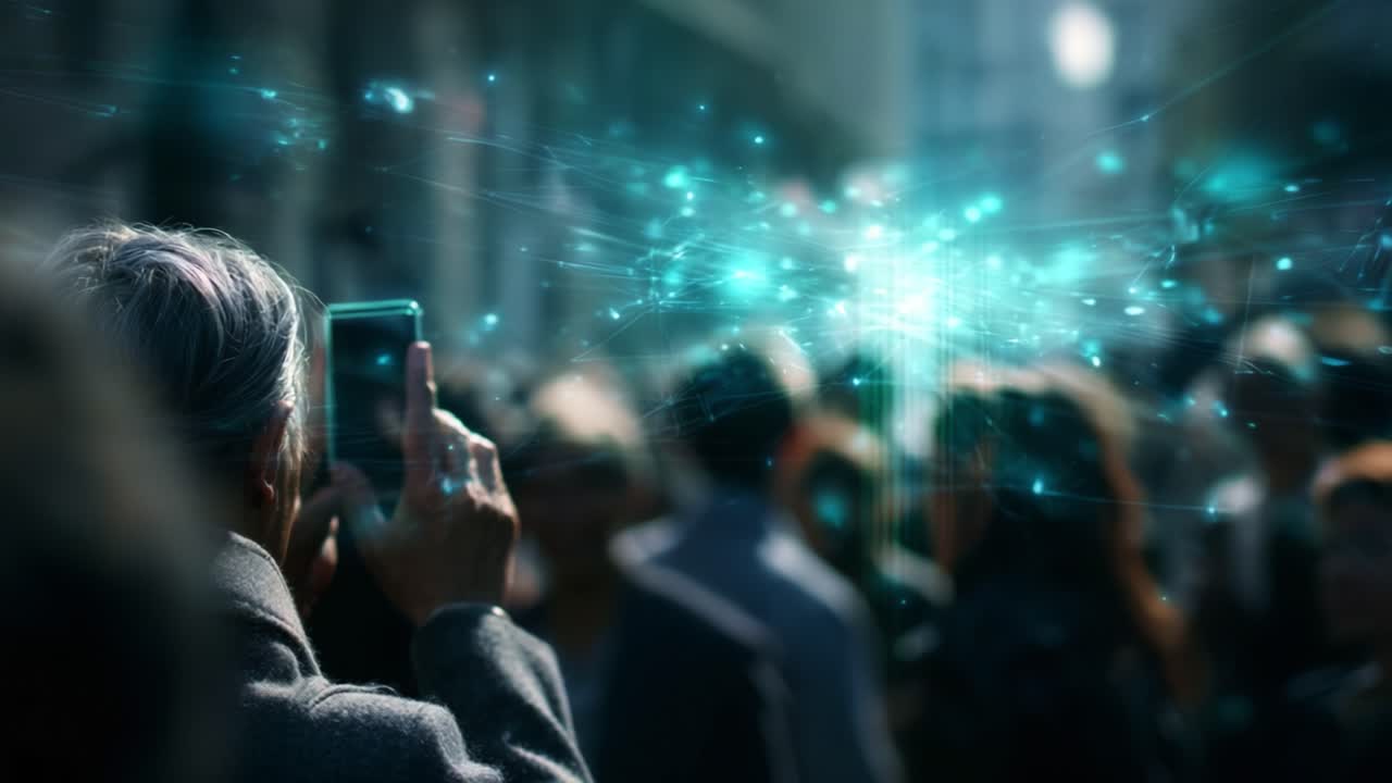 Capturing the Essence of Connectivity: A Person Taking a Photo Amidst a Crowded Street, Visualizing Technological Interactions Through Creative Digital Effects and Light Trails