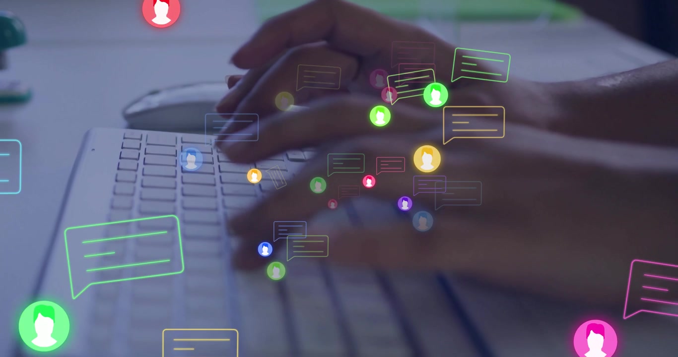 Person Typing on Keyboard with Digital Social Media Icons