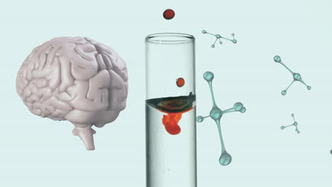 cerebro con animación de estructuras moleculares, tubo de ensayo en el fondo del laboratorio