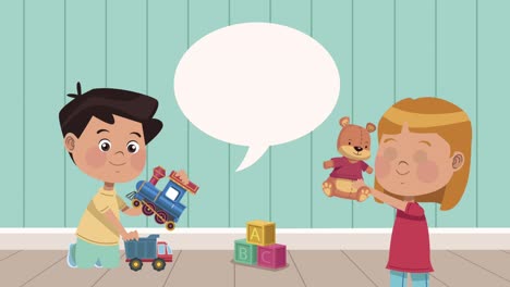 little kids couple playing with train and teddy
