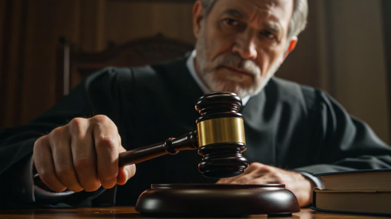 A Serious Judge Delivering Justice in the Courtroom: The Gavel Strikes as Important Decisions are Made with Authority and Wisdom