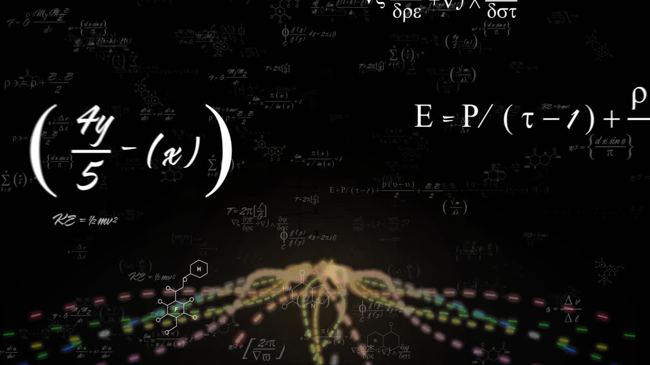 Animation of mathematical data processing over light trails on black background