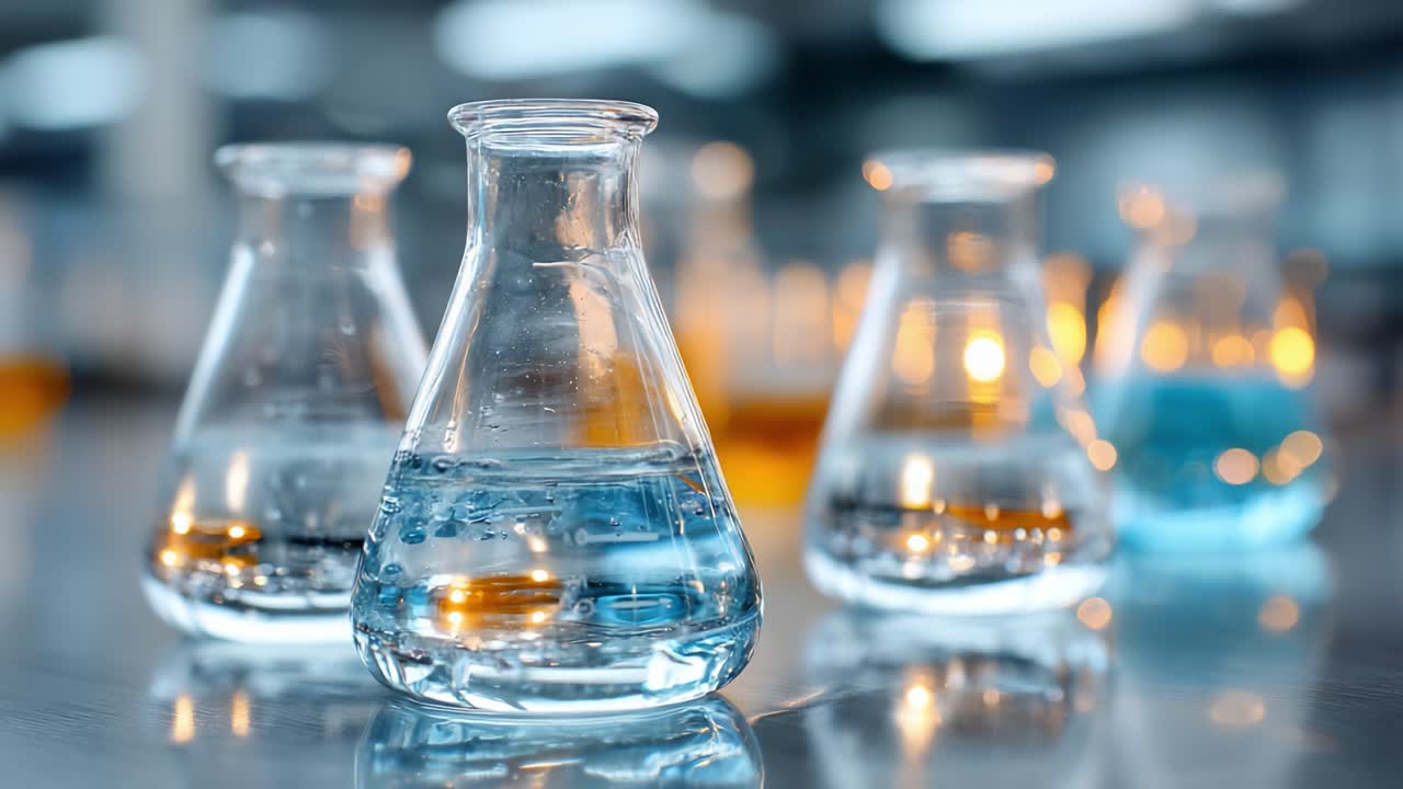 Close-Up of Laboratory Glassware Featuring Multiple Erlenmeyer Flasks Filled with Colorful Liquids at a Chemistry Lab Setting