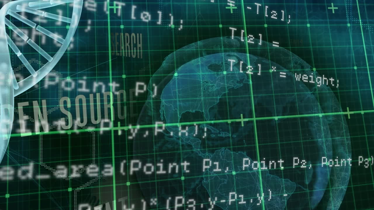 검은색 배경 위의 dna  ⁇ , 지구와 데이터 처리 애니메이션