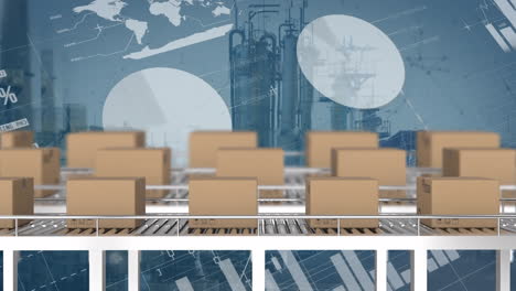 animation of statistics and financial data processing over cardboard boxes on conveyor belts