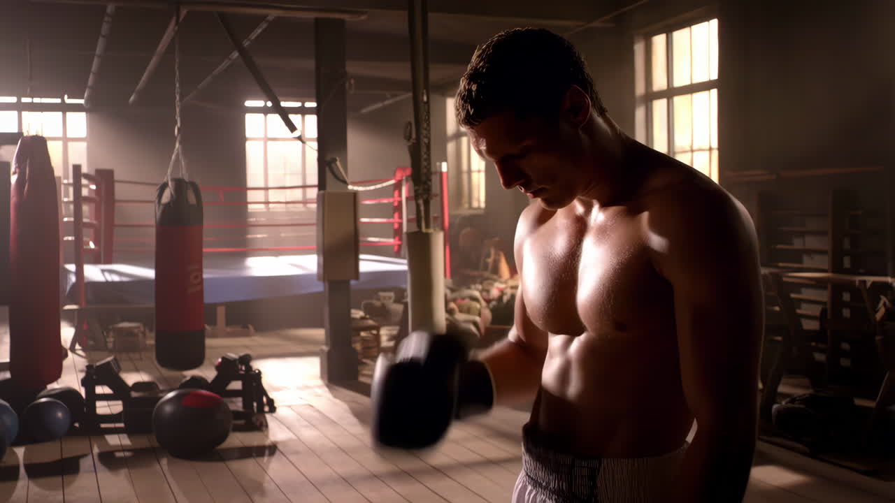 Muscular boxer in a dimly lit gym