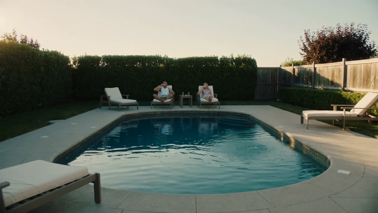 Skærmer ansigterne mod den lave sol, par iført let tøj læner sig op ad en nyreformet pool med en drink.