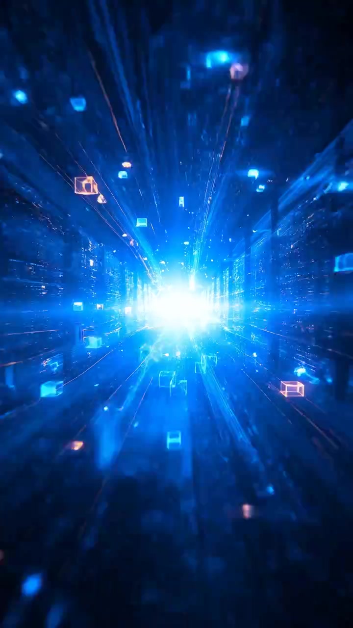 Tunnel di dati ad alta velocità con icone di streaming, strisce di luce blu che convergono su un nucleo luminoso, ingegnere di rete