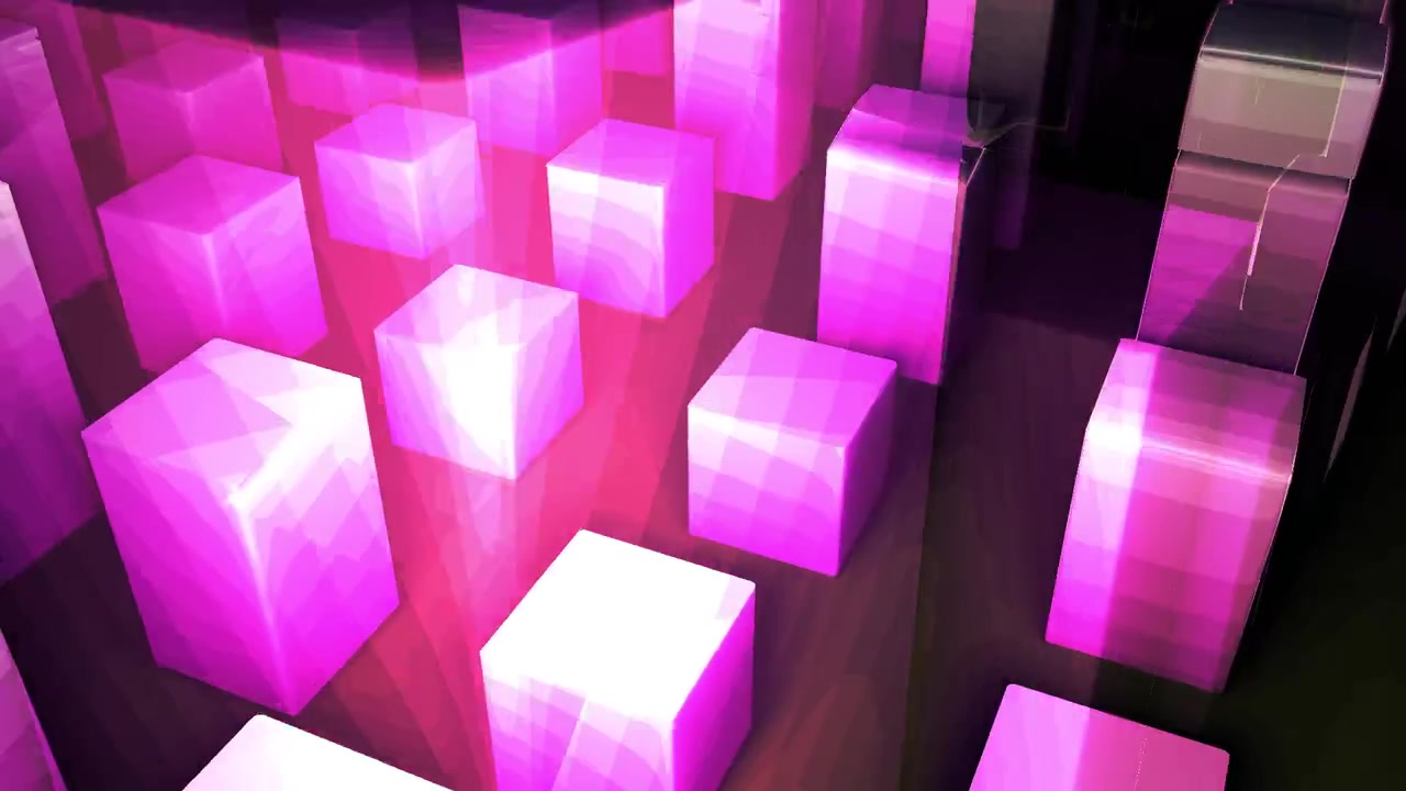 Abstrakt 3D-animation af glødende lyserøde og grønne terninger, der bevæger sig i et gitter
