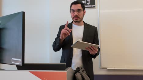 academic presenting research data on tablet