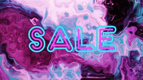 Animation-of-text-sale,-in-pink-and-blue-neon,-over-swirling-pink-and-grey-background