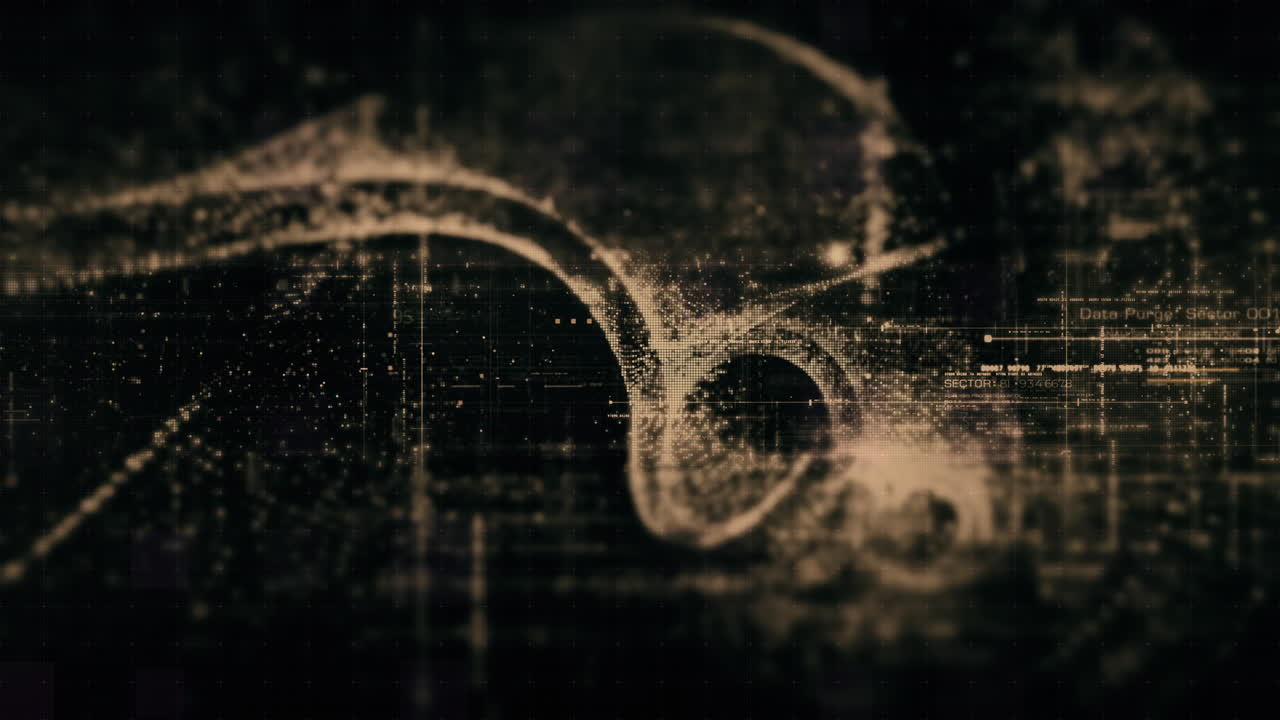 hud 루프 배경을 위해 사이버 공간 환경에서 입자 시뮬레이션을 사용하여 미래형 추상 디포커스 메타버스 데이터 매트릭스, 메타, 원격 측정 및 암호화 숫자 표시